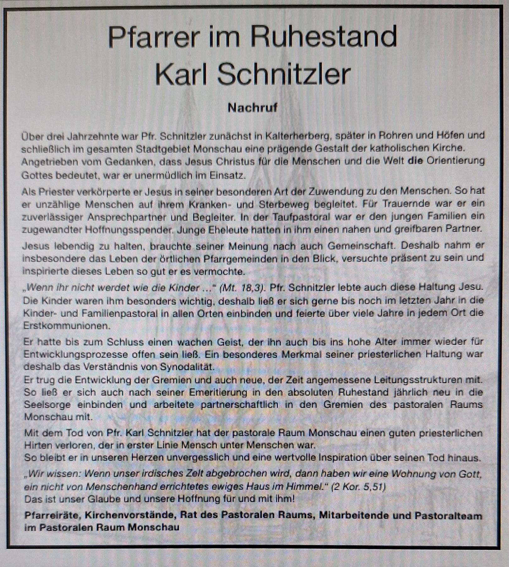 Nachruf Pfr. Schnitzler (c) GdG-Monschau